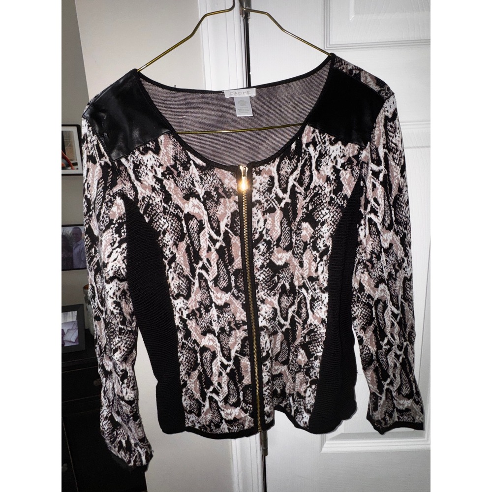 Cache Snakeskin Print Zip Front Cardigan Faux Leather Trim Black Tan Size L - Picture 3 of 7